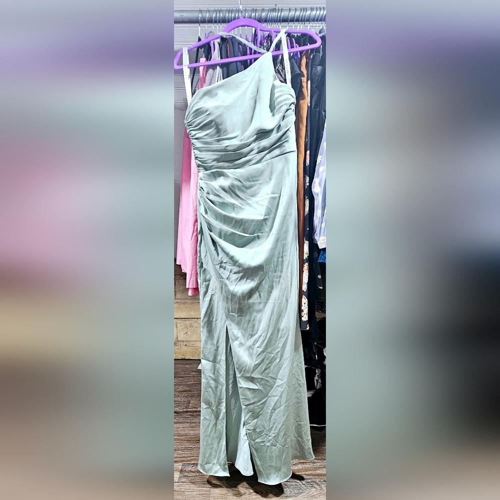 Azazie Eren Asymmetrical One Shoulder Two Strap Side Slit Dress in Agave